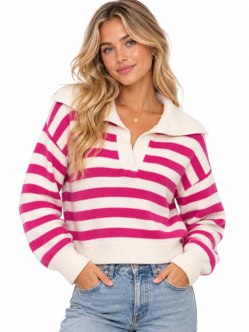 Sincerely Jules Pink Ivory Striped Sailor Collar Cropped Sweater Oversized Med